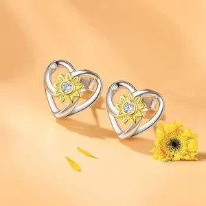Pendientes de Botón en Plata 925 – Diseño de Corazón con Girasol y Circonita Cúbica Brillante