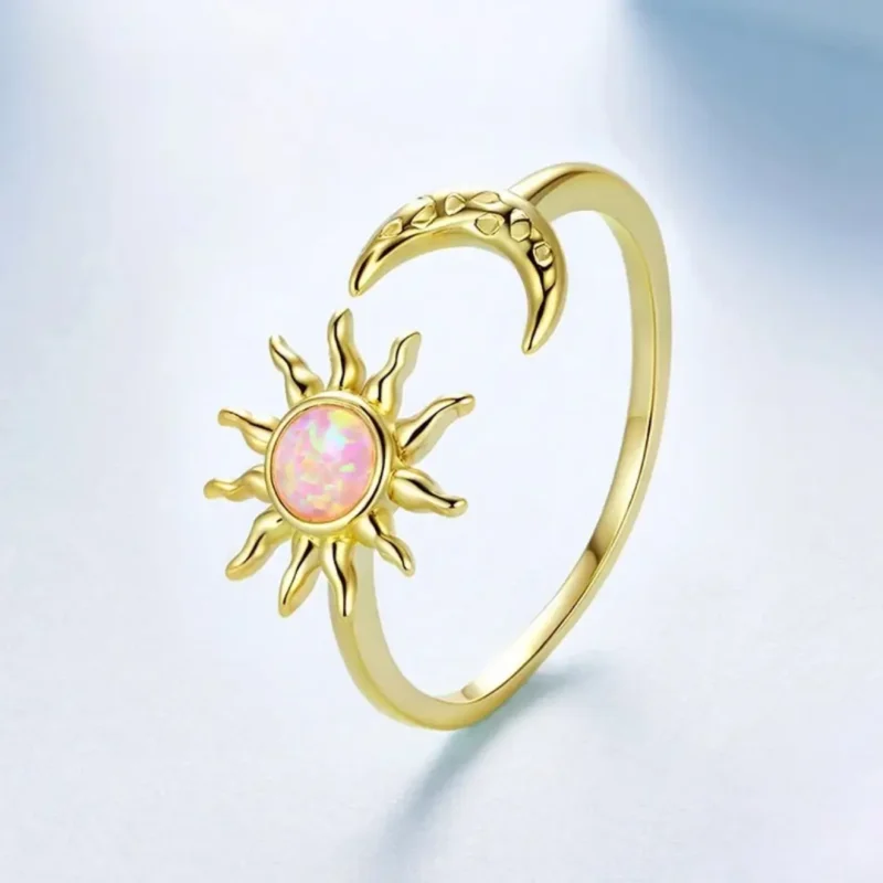 Anillo Ajustable de Plata 925 con Ópalo Rosa y Sol & Luna – Charlottes House Joyeria El Salvador