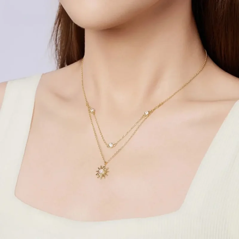 Collar Doble en Plata 925 con Ópalo Rosa y Sol – Charlottes House Joyeria El Salvador