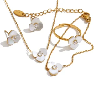 Set de Collar, Pulsera y Anillo con Flor de Concha Natural - Charlottes House Joyería El Salvador